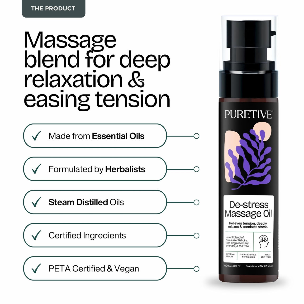 Puretive De-Stress Massage Oil | Full Body Massage Oil for Relaxation & Pain Relief | Ayurvedic Blend with Lavender, Peppermint & Rosemary | Also for Couples I Nourishing & Hydrating Body Oil 100ml
