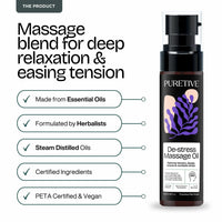 Puretive De-Stress Massage Oil | Full Body Massage Oil for Relaxation & Pain Relief | Ayurvedic Blend with Lavender, Peppermint & Rosemary | Also for Couples I Nourishing & Hydrating Body Oil 100ml