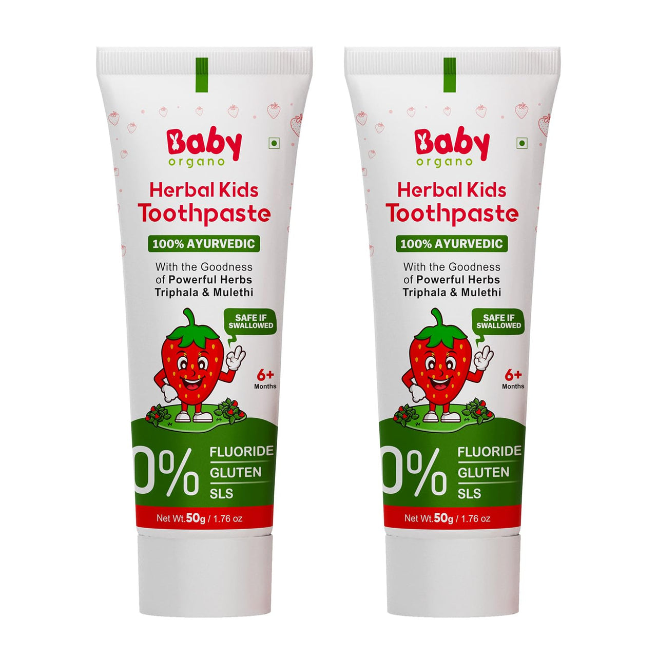 BabyOrgano® Herbal Toothpaste for kids l 100% Ayurvedic l Non Gel Formula l goodness of Babool and Mulethi l Strawberry Flavour l Fluoride & SLS Free l FDCA Approved - 50gm (Pack of 2)