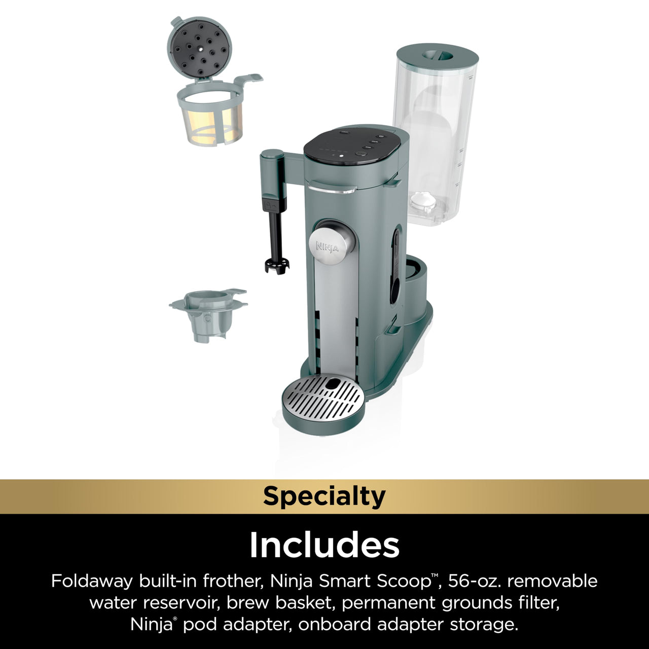 Ninja Pods & Grounds Specialty Single-Serve Coffee Maker, K-Cup Pod Compatible, Built-In Milk Frother, 6-oz. Cup to 24-oz. Travel Mug Sizes, Iced Coffee Maker, Glacier Blue, PB051GB