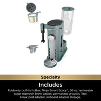 Ninja Pods & Grounds Specialty Single-Serve Coffee Maker, K-Cup Pod Compatible, Built-In Milk Frother, 6-oz. Cup to 24-oz. Travel Mug Sizes, Iced Coffee Maker, Glacier Blue, PB051GB