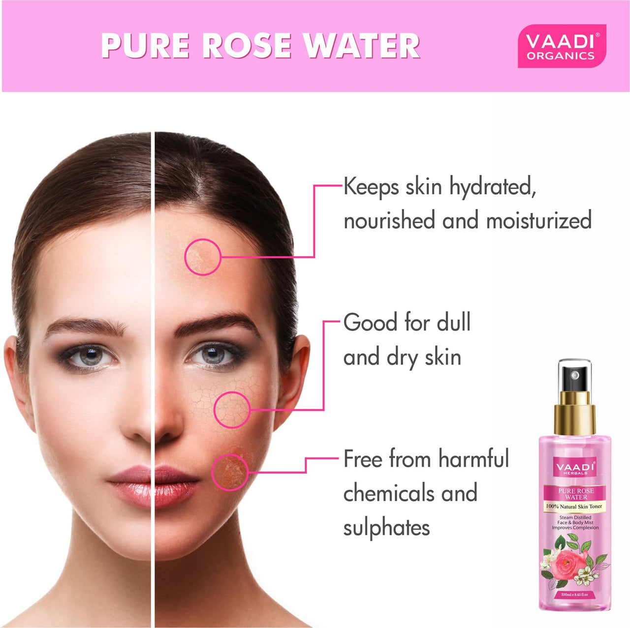 VAADI HERBALS Rose Water For Healthy&Hydrated Skin-100% Natural&Pure Rose Water Reduces Skin Redness,Itchiness And Inflamation Improves Skin Complexion Prevents Skin Ageing Alcohol Free-250Ml