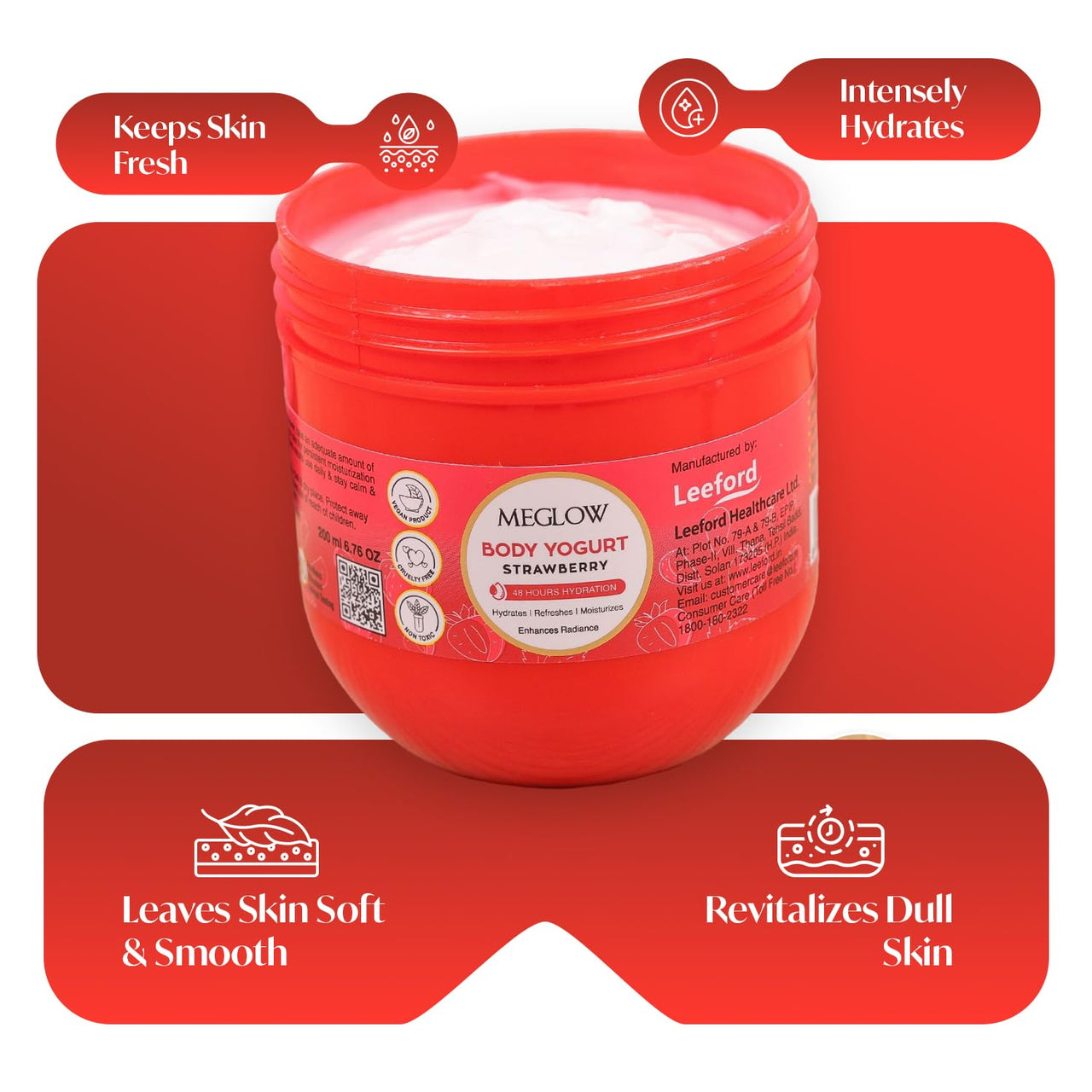 Meglow Strawberry Body Yogurt | Body Moisturizer for Dry Skin | Oil Free | Fragrant Body Yogurt for Skin Radiance | Yogurt for Long Lasting Skin Hydration 200ml