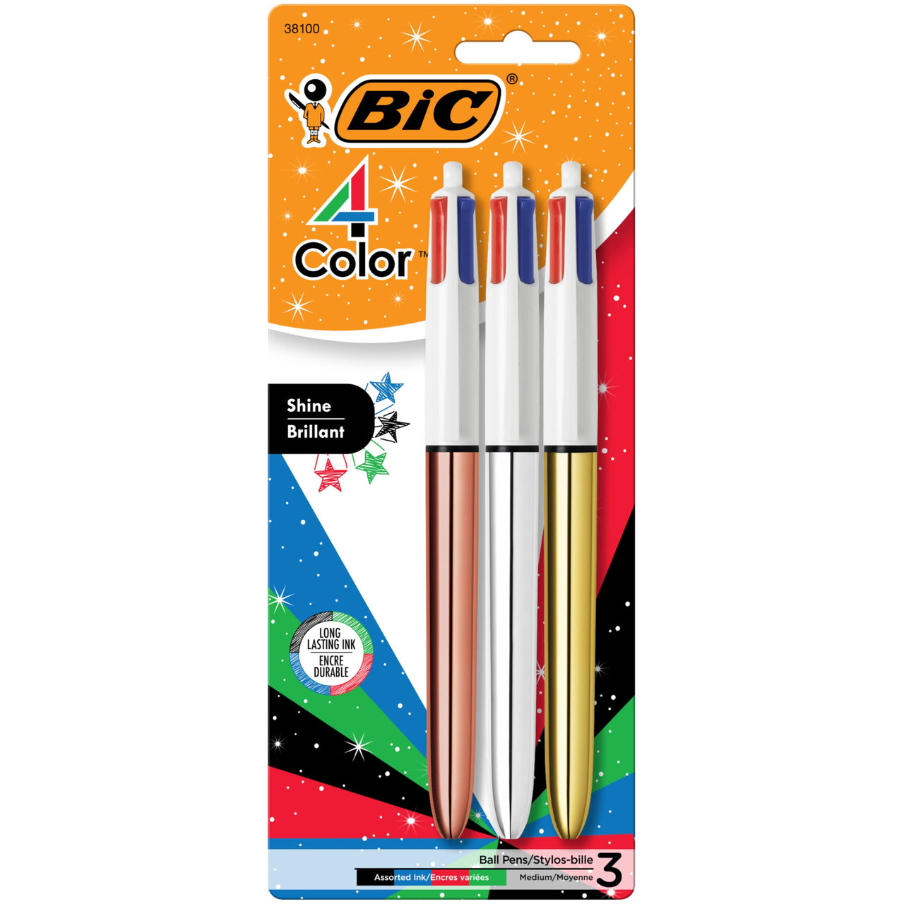 BIC 4 Color Shine Ball Pens Medium Points (1.0 mm) with Metallic Rose Gold, Silver and Gold Barrels - Pack of 3