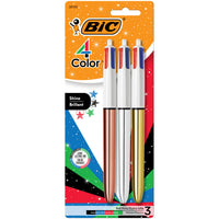 BIC 4 Color Shine Ball Pens Medium Points (1.0 mm) with Metallic Rose Gold, Silver and Gold Barrels - Pack of 3