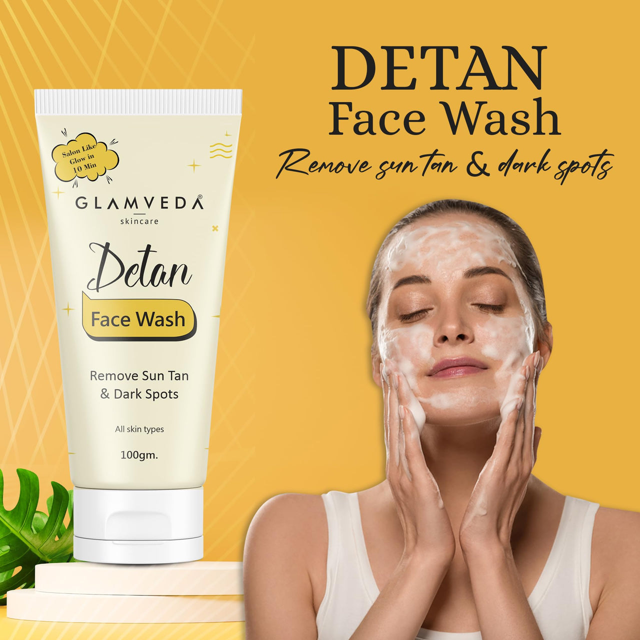 Glamveda Detan Face Wash | Gel To Foam Cleanser | Clears Tanning & Pigmentation | Paraben & SLS free| 100gm