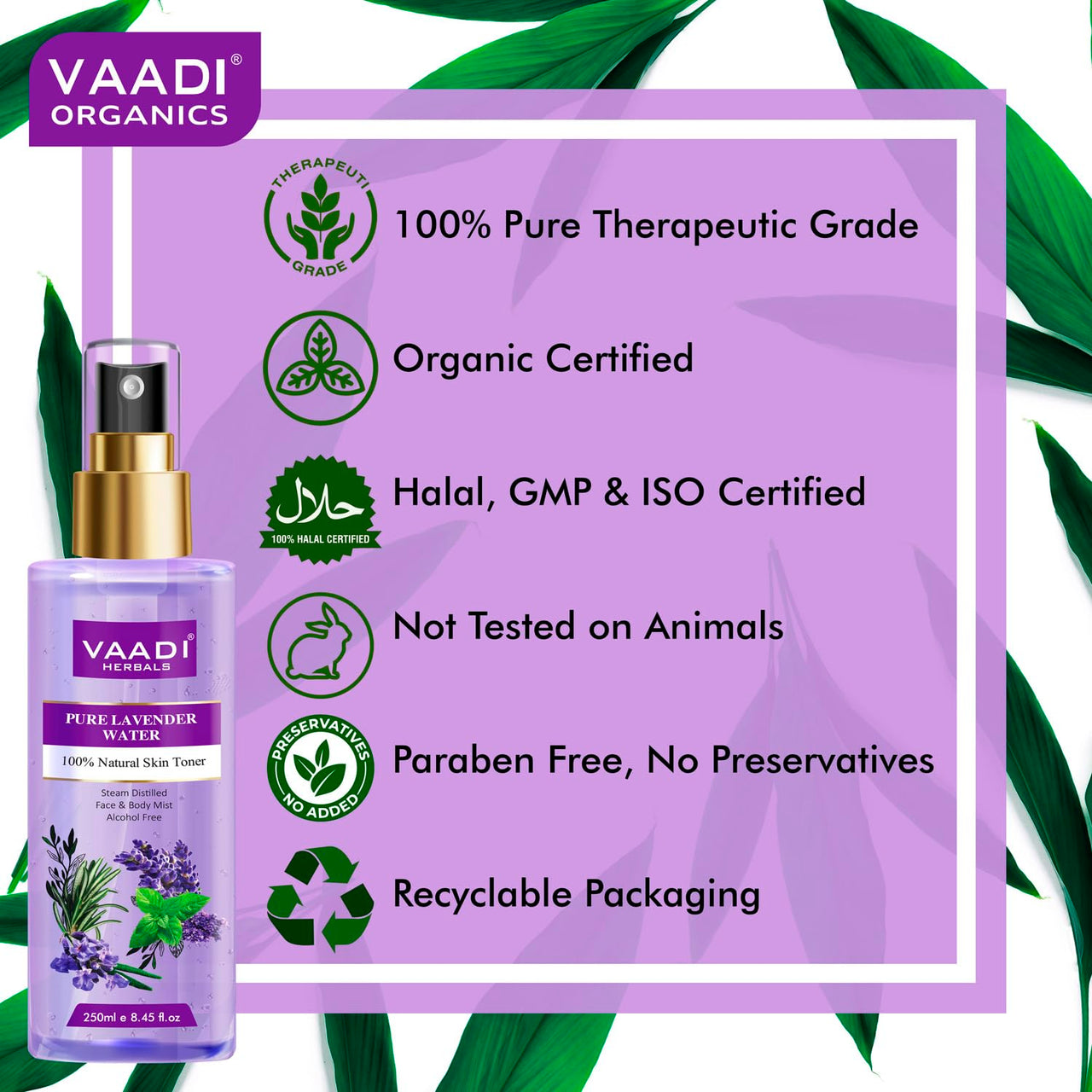 Vaadi Herbals Pvt Ltd Lavender Water -100% Natural & Pure Skin Toner, 250 ml