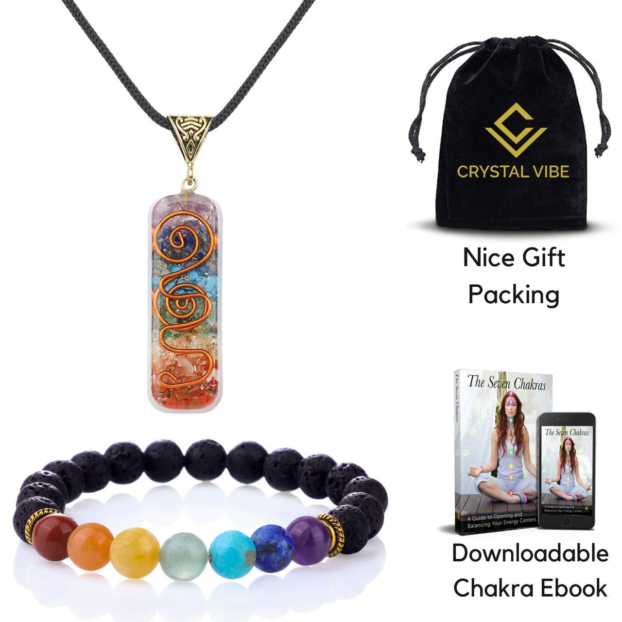 Crystal Vibe 7 Chakra Necklace and Bracelet Set for Women & Men - Spiritual Healing Pendant Necklace with Adjustable Cord - Stretchable chakra Bracelet - Chakra Crystals jewelry Handmade
