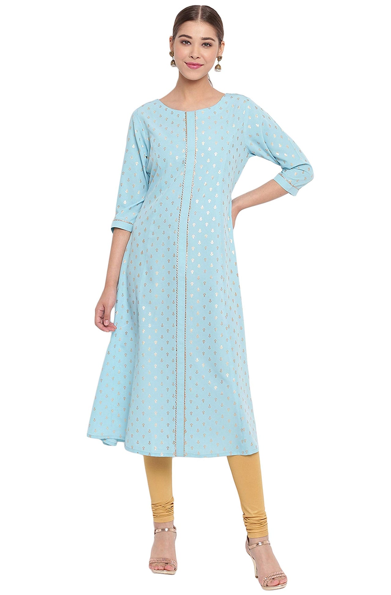 Janasya Women's  Turquoise A-Line Poly Crepe Kurta
