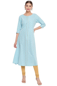 Janasya Women's  Turquoise A-Line Poly Crepe Kurta