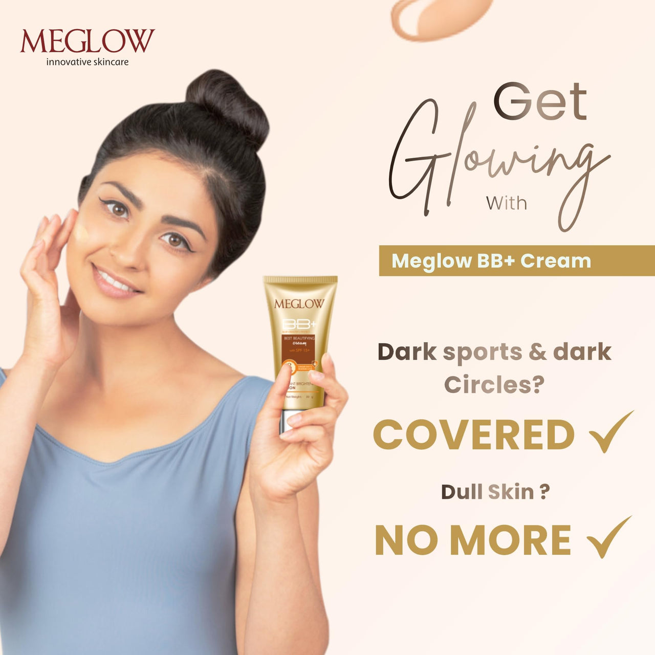 Meglow Beauty BB+ Cream (30g) with SPF 15 Brightening, Moisturizing and Instant Complexion Enhancement and Enriched with Natural Ingredients Meglow Lip Shiner (15g)- Combo Pack of 2