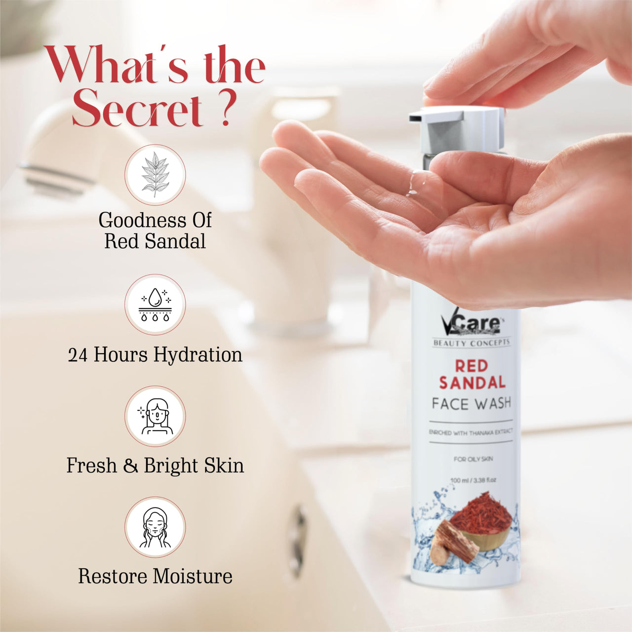 VCare Red Sandal Face Wash for Skin Whitening for Oily Skin | Reduce Acne and Pimples, Women and Men | Facial Cleanser | Skincare Face Cream, Remove Dark Circle 100 ml