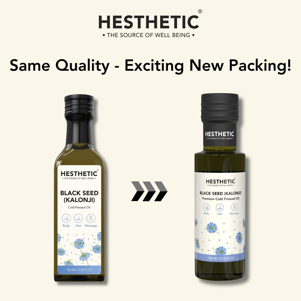 HESTHETIC Premium Cold Pressed Black Seed Oil, 100ml For Skin, Hair, and Massage, 100% Pure and Natural Virgin Kalonji Oil, High Thymoquinone, Skin Firming and Anti Aging, Glass Bottle