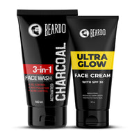 Beardo Activated Charcoal Face Wash, 100ml and BEARDO Ultraglow Face Cream SPF 30 for Men, 60g Combo