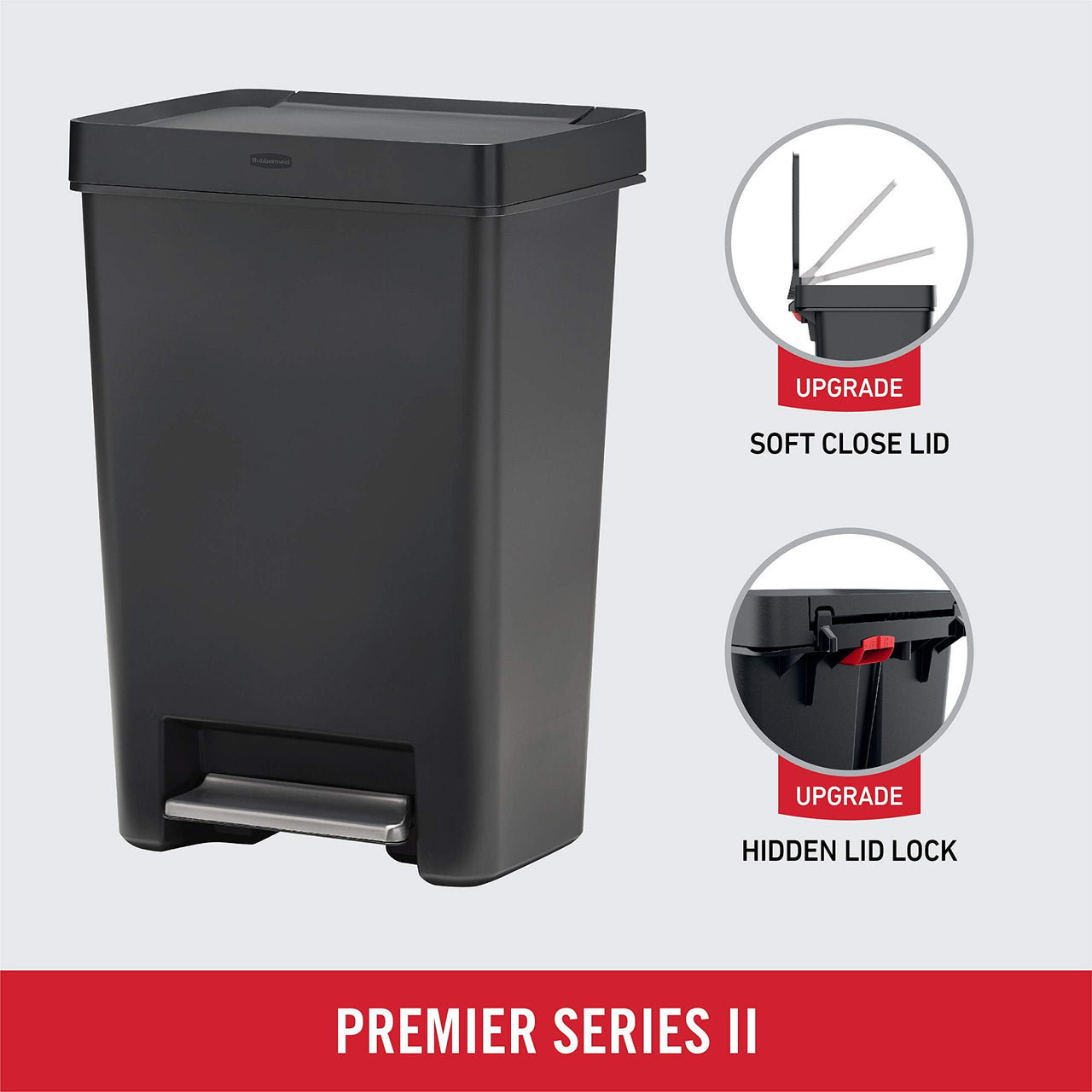 Rubbermaid Premier Series II Step-on Trash Can for Home and Kitchen, with Lid Lock and Slow Close, 13 Gallon, Charcoal, for Home/Kitchen/Hotel/Lobby/Office 13G - Classic Plastic