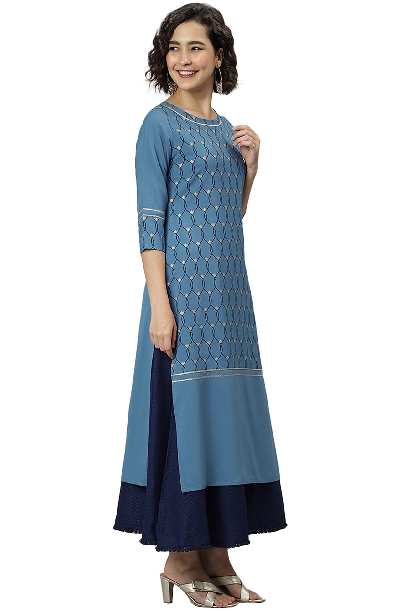 Janasya Women's  Blue Poly Crepe Ethnic Motifs Kurta
