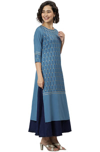 Janasya Women's  Blue Poly Crepe Ethnic Motifs Kurta