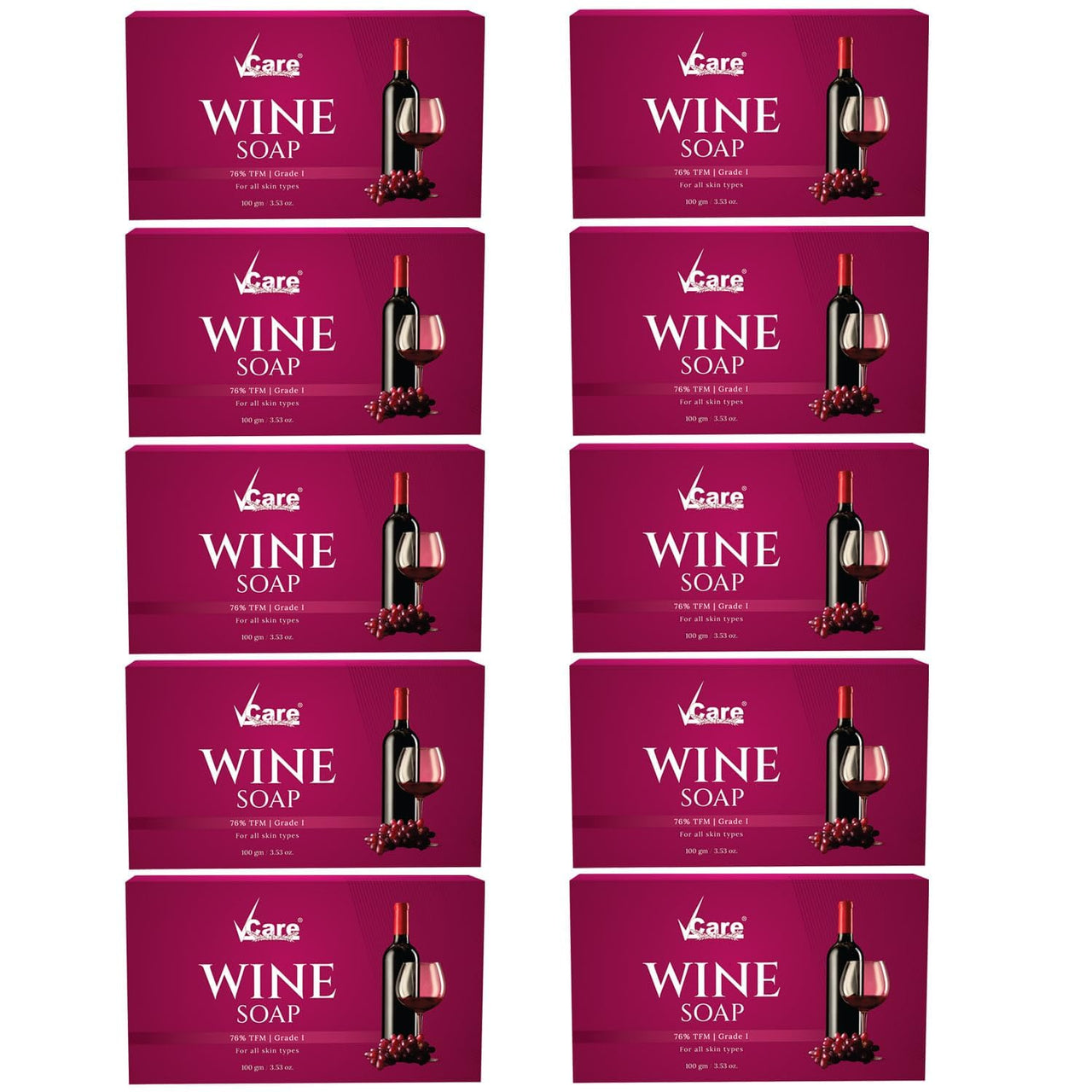 VCare Red Wine Bathing Bar/Soap for Body, Hand, Face 100 gm - Helps to Reduce Fine Lines and Wrinkles for Men and Women (Pack of 10)