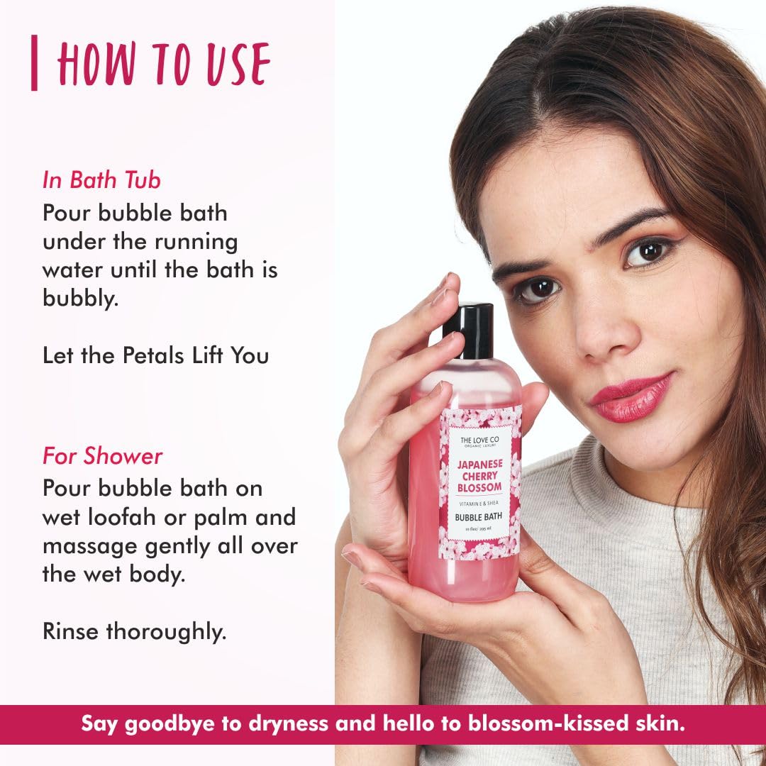 THE LOVE CO. Luxury Japanese Cherry Blossom Bubble Bath - Aromatherapy Soap and Bath Oil with Epsom Salt for Dry Skin - Moisturizing and Soothing - Suitable for All Ages and Sensitive Skin - Luxury Bubble Bath for Self-Care - 295ml