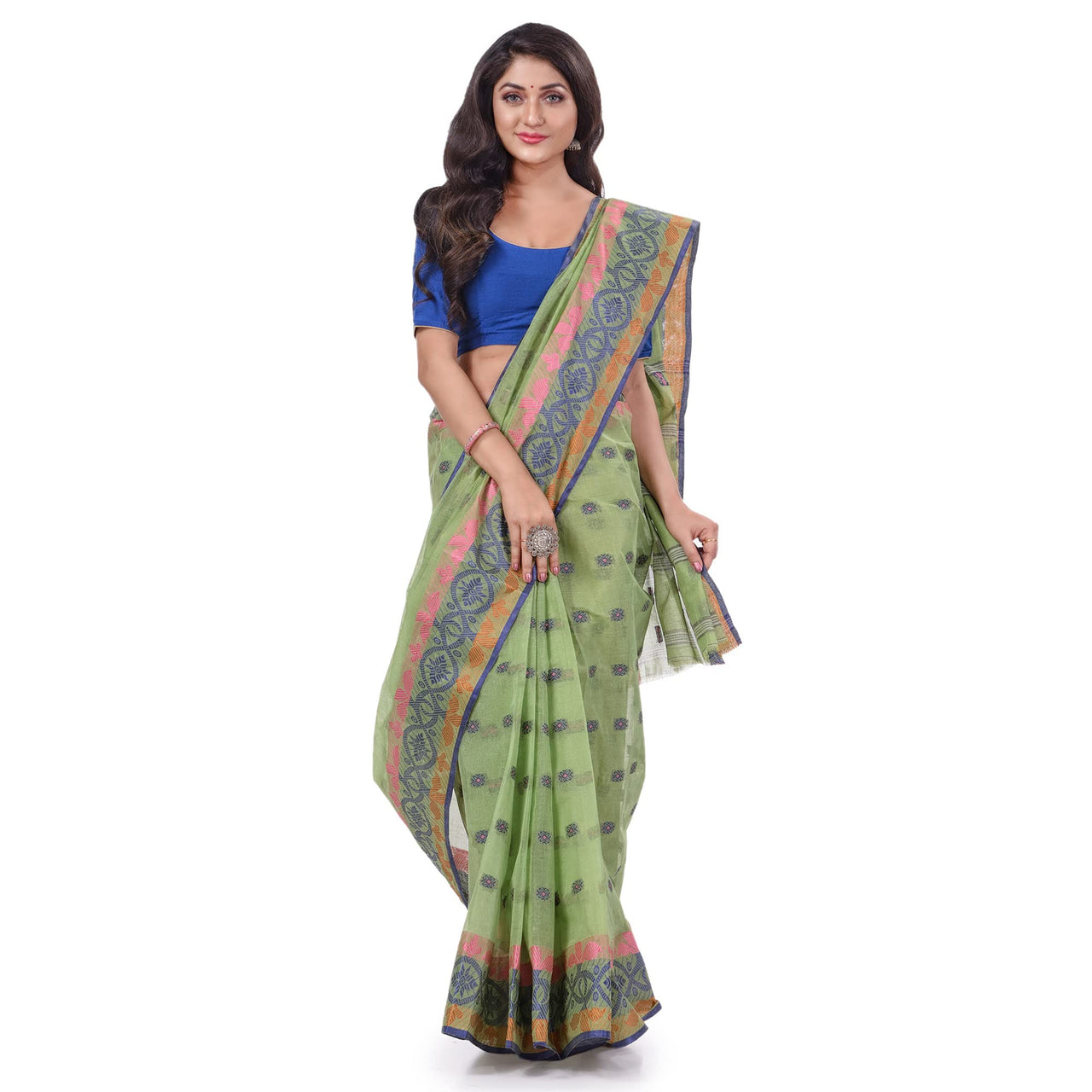 dB DESH BIDESH Women`s Traditional Bengal Tant Tri Leaf Woven Design Pure Handloom Cotton Saree Without Blouse Piece