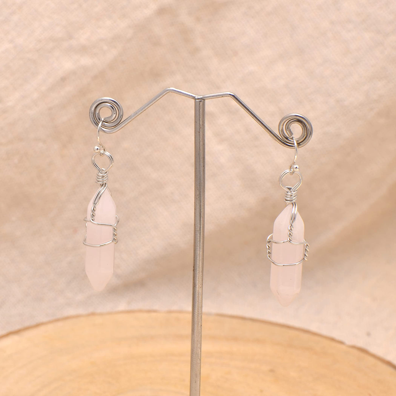 Natural Rose Quartz Wire Wrapped Point Crystal Earrings for Women Reiki Energy Healing Natural Rose Quartz