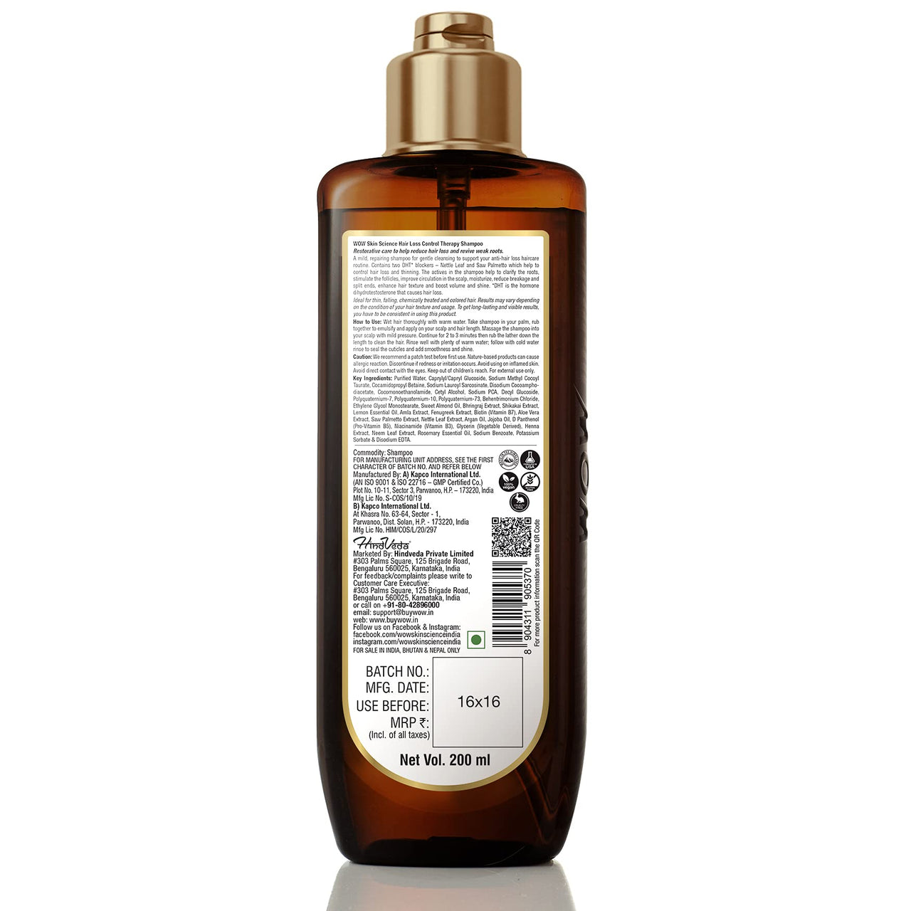 WOW Skin Science Hair Loss Control Therapy Shampoo - Increase Thick & Healthy Hair Growth - Contains Ayurvedic & Western Herbal Extracts With Natural Dht Blockers, 200 ml