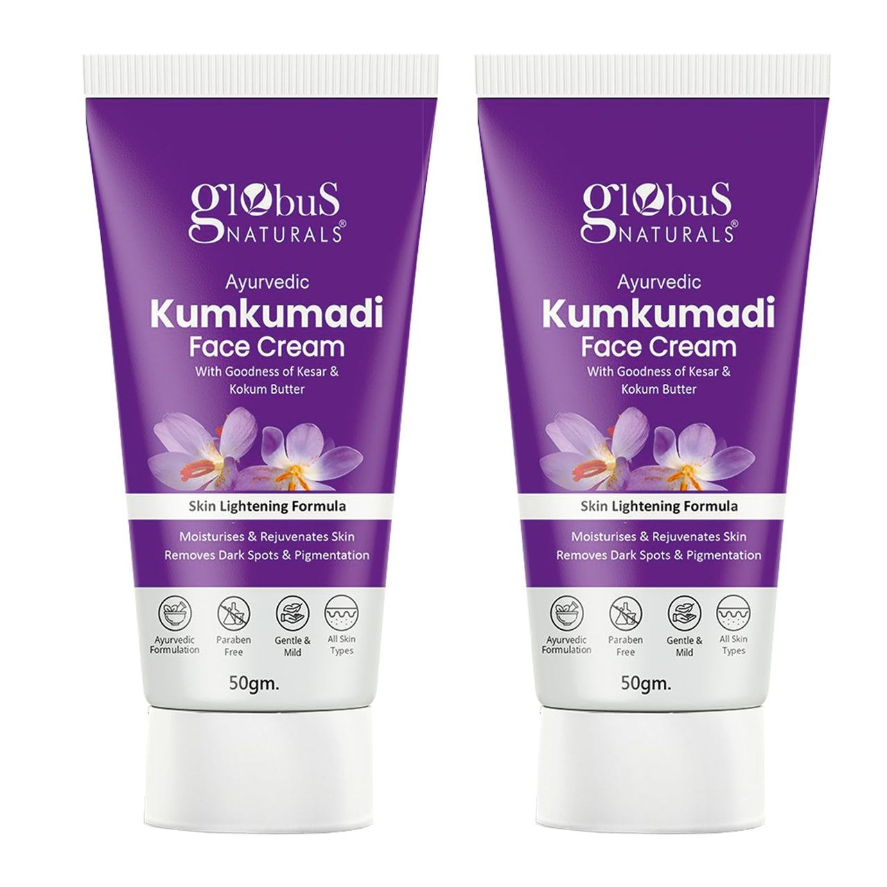Globus Naturals Ayurvedic Kumkumadi Skin Lightening Face Cream, Chemical Free, Paraben Free, Suitable For All Skin Types, 50gm (Pack of 2)
