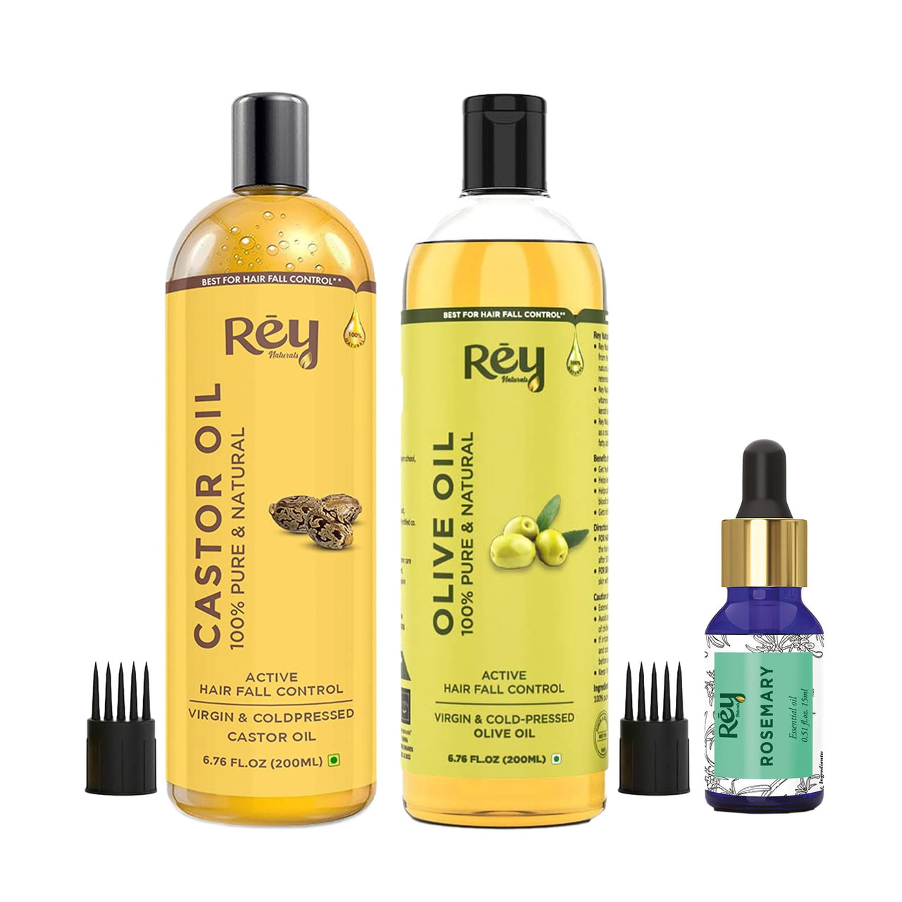Rey Naturals Olive Oil, Castor Oil & Rosemary Oil For Hair Growth, Smooth ends & Hairfall Control -200ml*2 + 15ml | Cold Pressed Oil For Skin & Hair Care, Shiny Smooth Hair & Dandruff Free Scalp