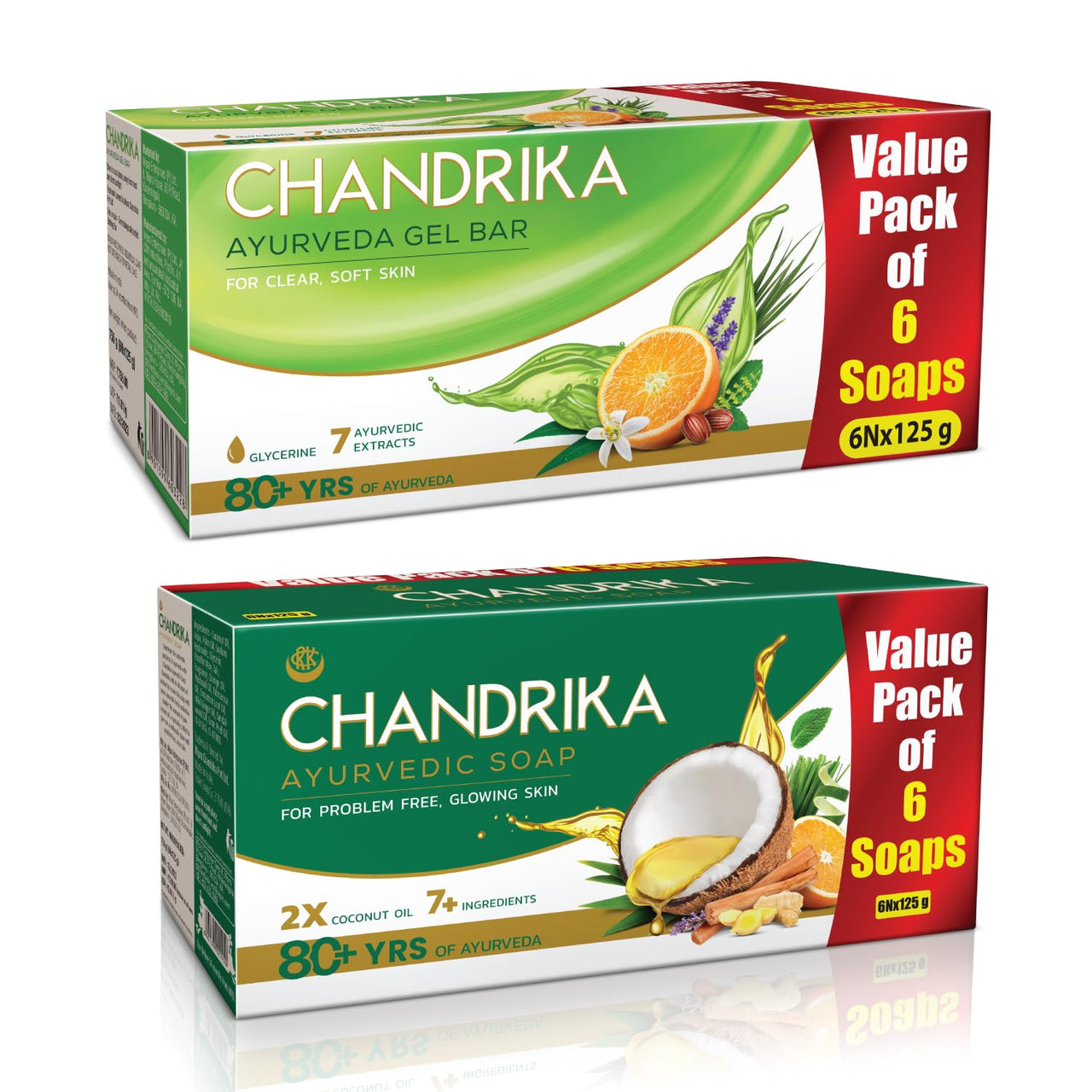 Chandrika Glycerine Soap Pack of 6, 125g each And Ayurvedic Handmade Soap, 125g (Pack of 6)