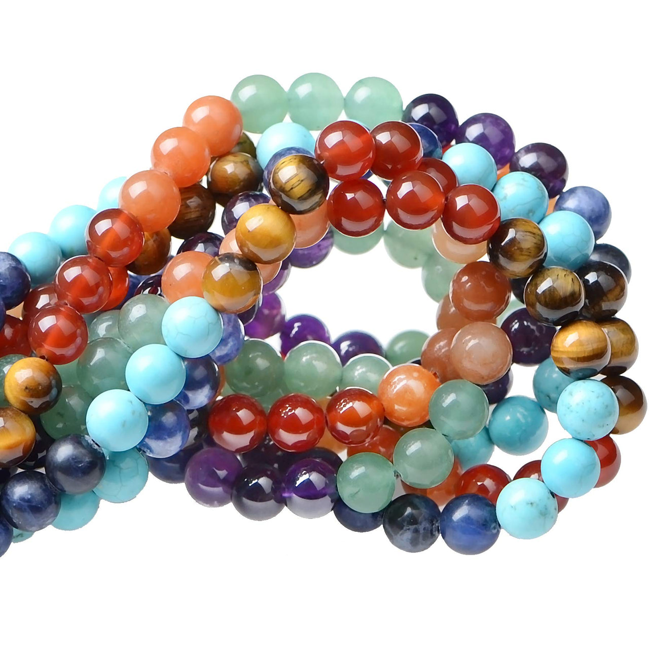 80Pcs Natural Crystal Beads Stone Gemstone Round Loose Energy Healing Beads with Free Crystal Stretch Cord for Jewelry Making (7-Chakra Beads, 10MM) Seven Chakra Beads