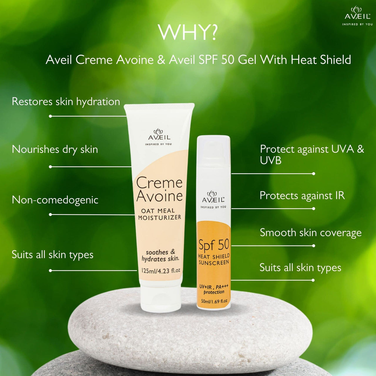 AVEIL Creme Avoine Moisturiser 125 Ml & Heat Shield SPF 50 Gel Sunscreen 50 ml Combo Pack For Soothing & Hydrating | Paraben & Paraffin Free | Dermatologically Tested For All Skin Types