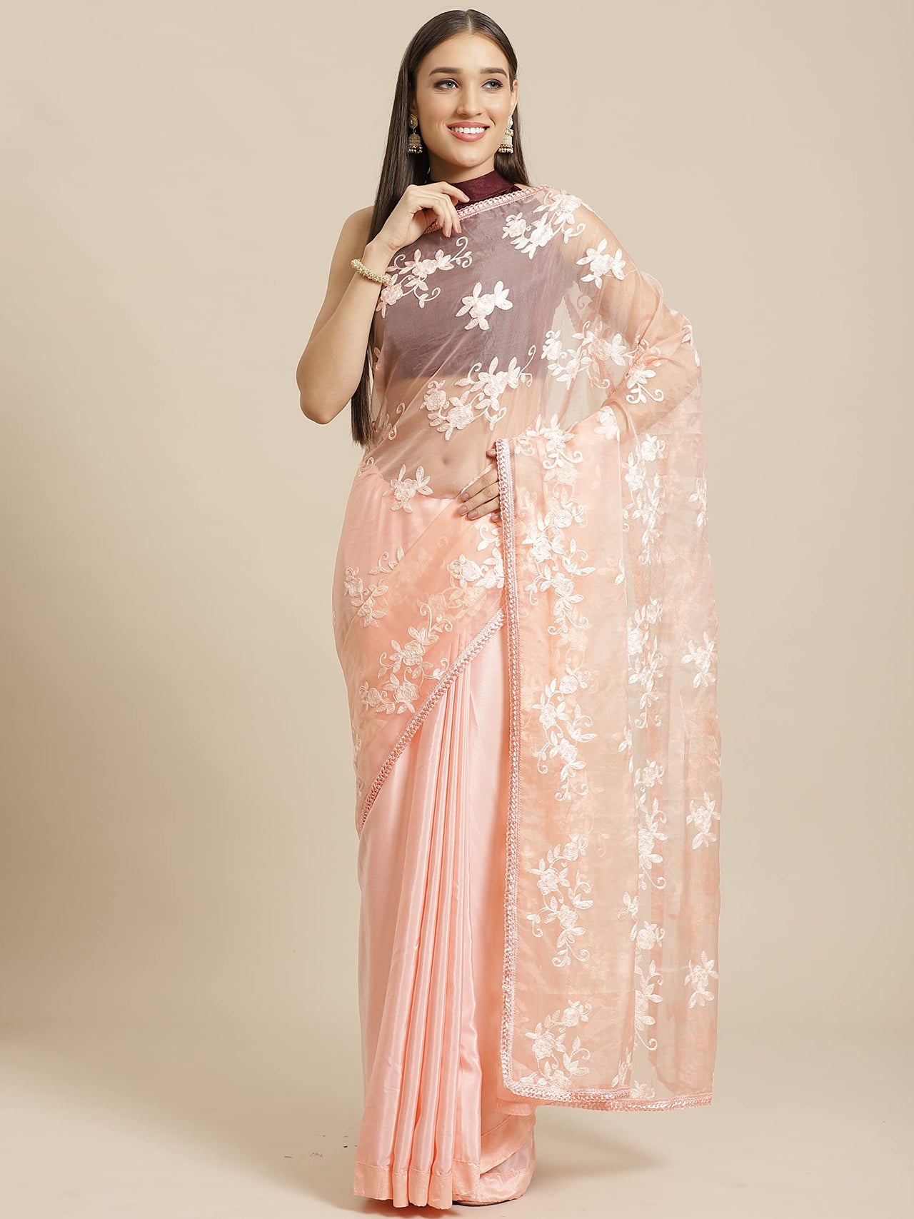 AKHILAM Women's  Organza Net Embroidered Saree With Blouse Piece