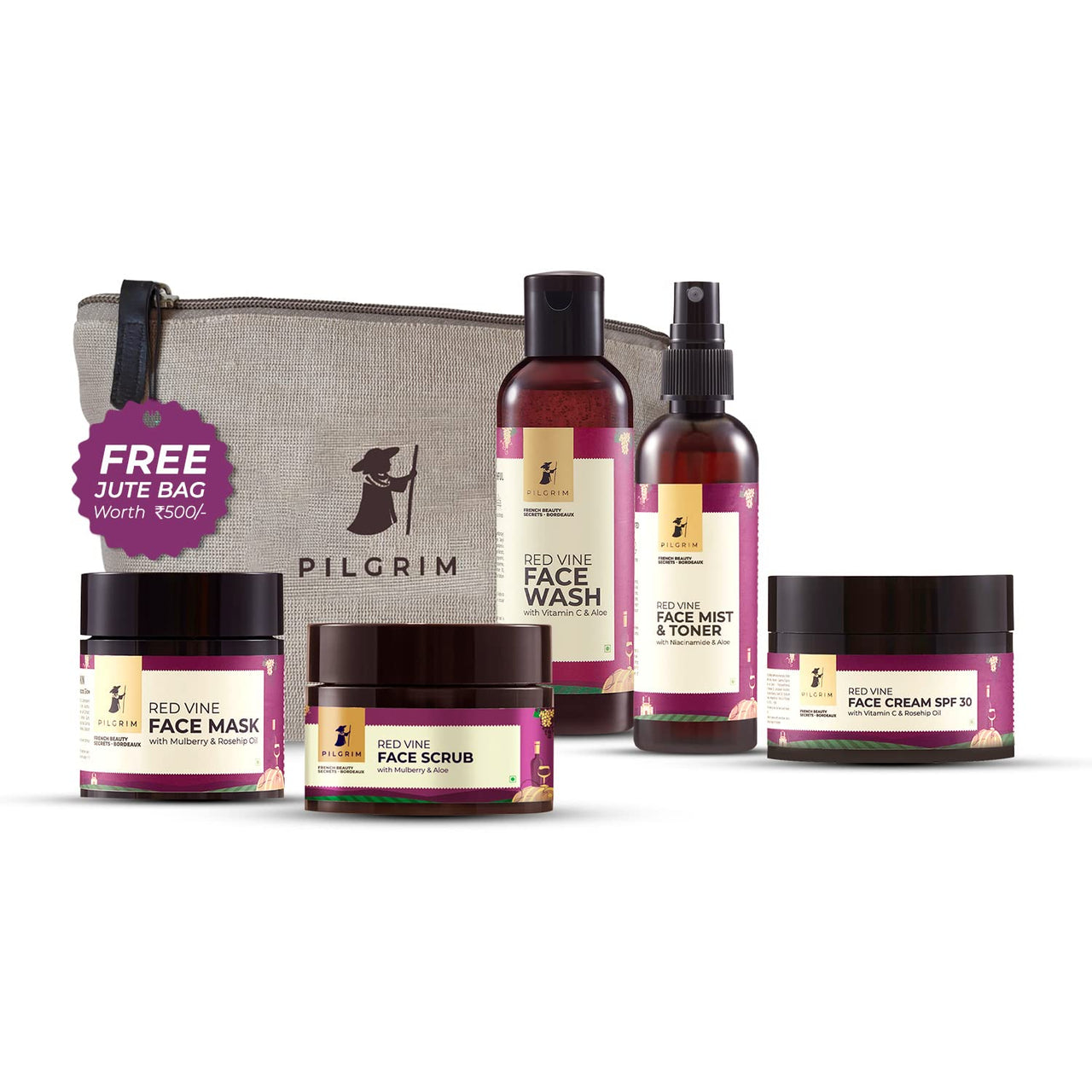 Pilgrim French Red Vine Premium Face Care Kit with Face Wash & Jute Kit Bag | Face Mask 100gm, Face Cream SPF 30 50gm, Face Scrub 50gm, Face Mist & Toner 100ml | Men & Women