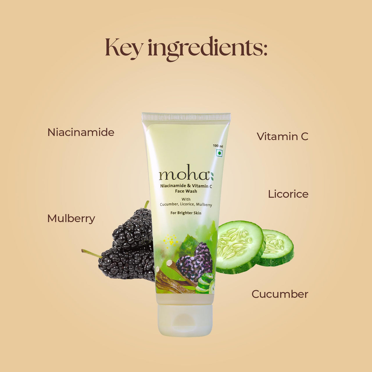 Vedistry Moha: Niacinamide & Vitamin C Brightening Face Wash | Hydrating Cucumber & Dark Spot Reducing Licorice | Glowing Skin | Unisex | 100 Ml
