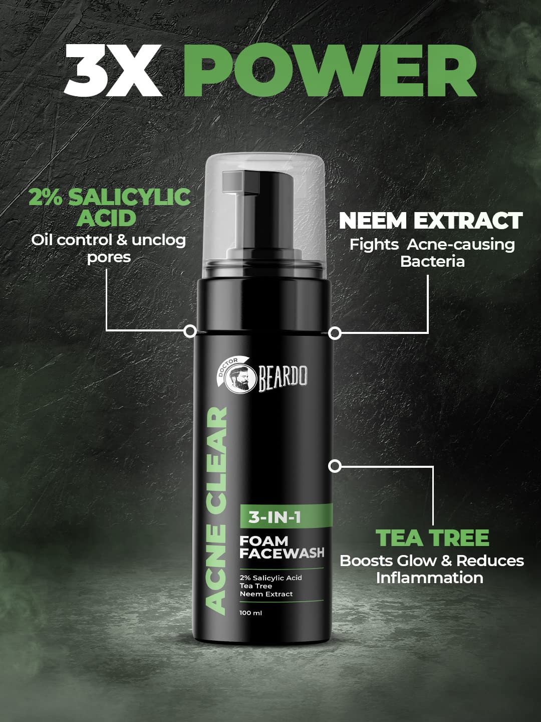 Beardo Acne Clear Foam Face Wash, 100ml | 3-in-1 Face Wash for Acne and Pimples | Anti Acne Face Wash for Men | 2% Salicylic Acid for Acne Prone Skin