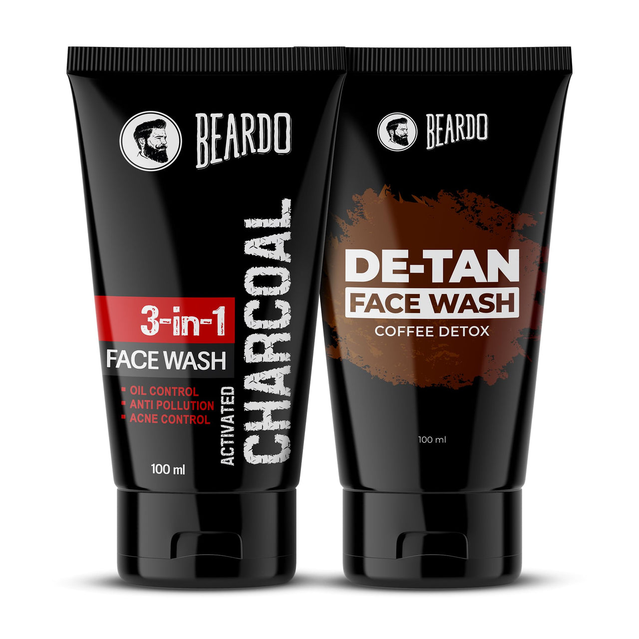 Beardo DETAN & CHARCOAL Face Wash for Men (100ml x 2) | Facewash Combo that Removes Dirt & Reduces Tan | Goodness of Activated Charcoal & Coffee along with Aloe Vera provides Moisturization to Men's Skin