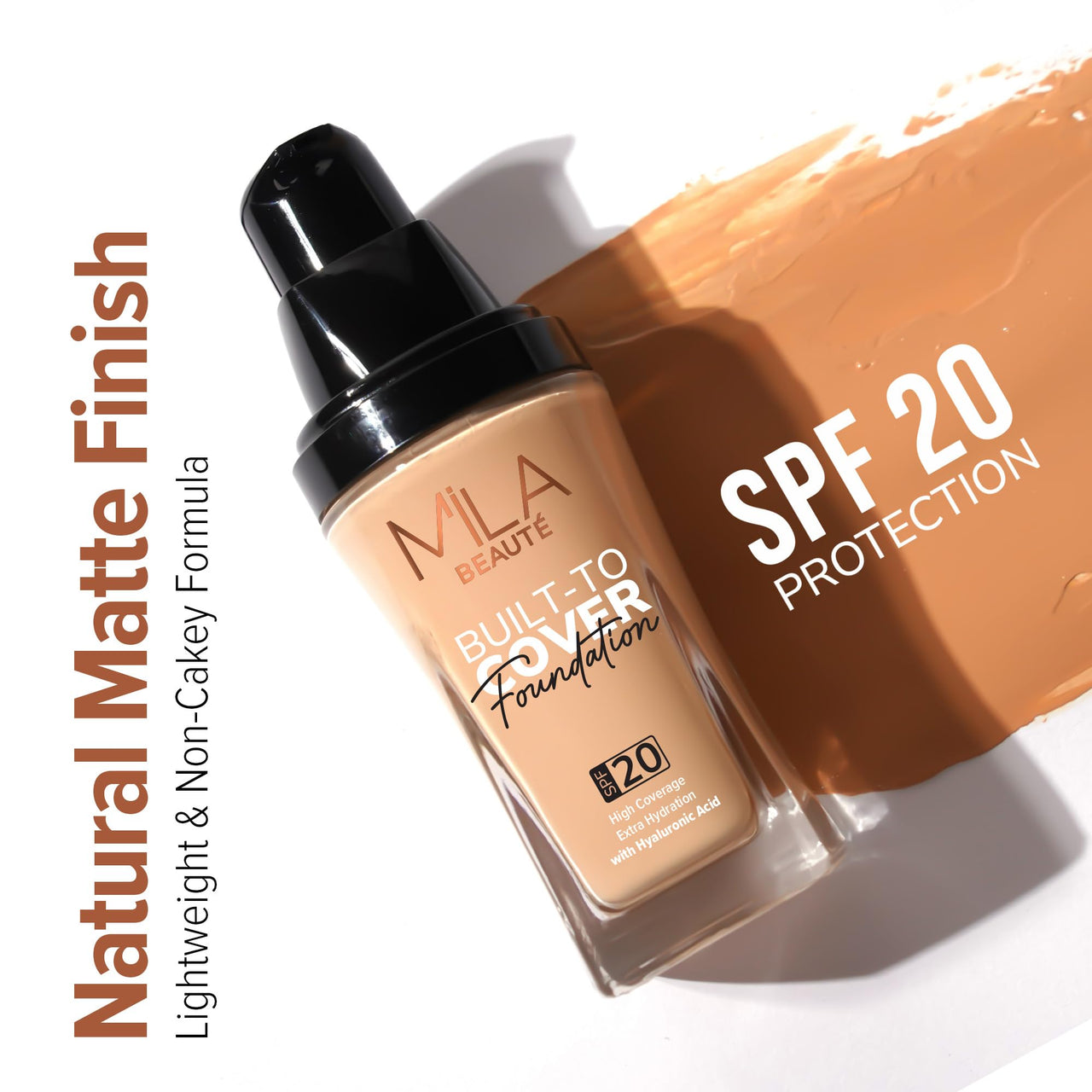 Mila Beauté Built to Cover Liquid Foundation I Medium to Buildable Coverage I Matte Finish I Lightweight I SPF 20 I Super Hydrating with Hyaluronic Acid (D-1-Caramel, 30ml)