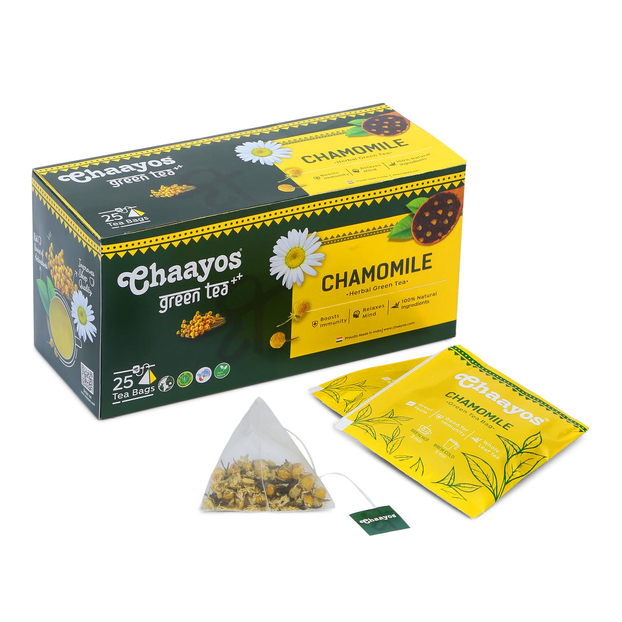 Chaayos Chamomile Tea - 25 Chamomile Green Tea Bags | Chamomile And Green Tea Leaves | Contains Pure Chamomile Flowers | Rich In Antioxidants | Whole Leaf Tea - 150 Gm