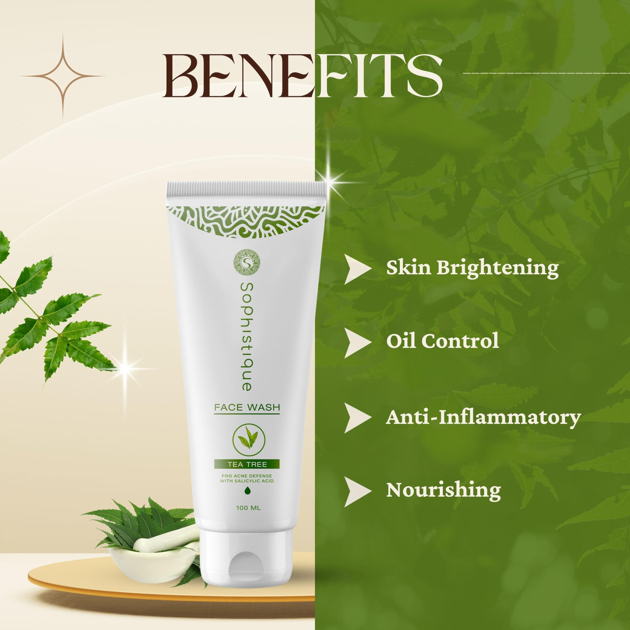 SOPHISTIQUE Tea Tree Face Wash, Pro Acne Defence with 2% Salicylic Acid, Fights Acne, Controls Oil and Unclogs Pores, 100 Percent Natural, Paraben and Sulphate Free, 100ml