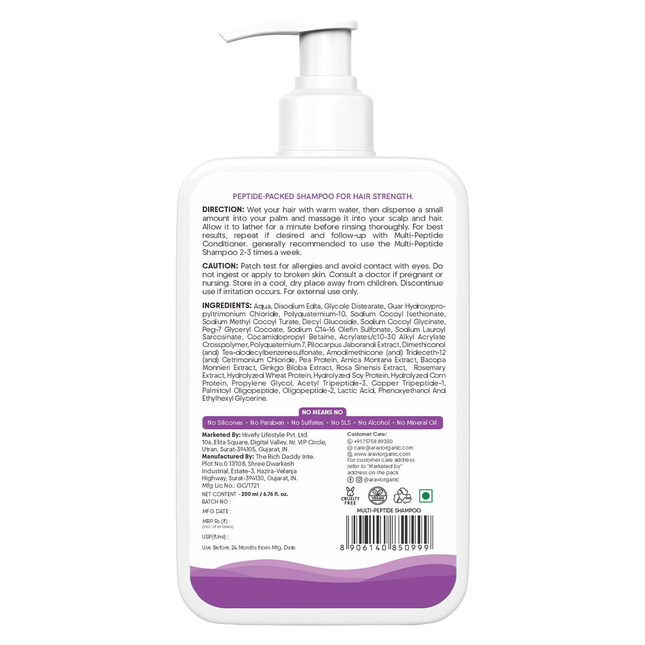 Aravi Organic Multi Peptide Anti-Hair Fall Shampoo - Acetyl Tripeptide 3, Palmitoyl, Oligopeptide & Rosemary - 200 ml