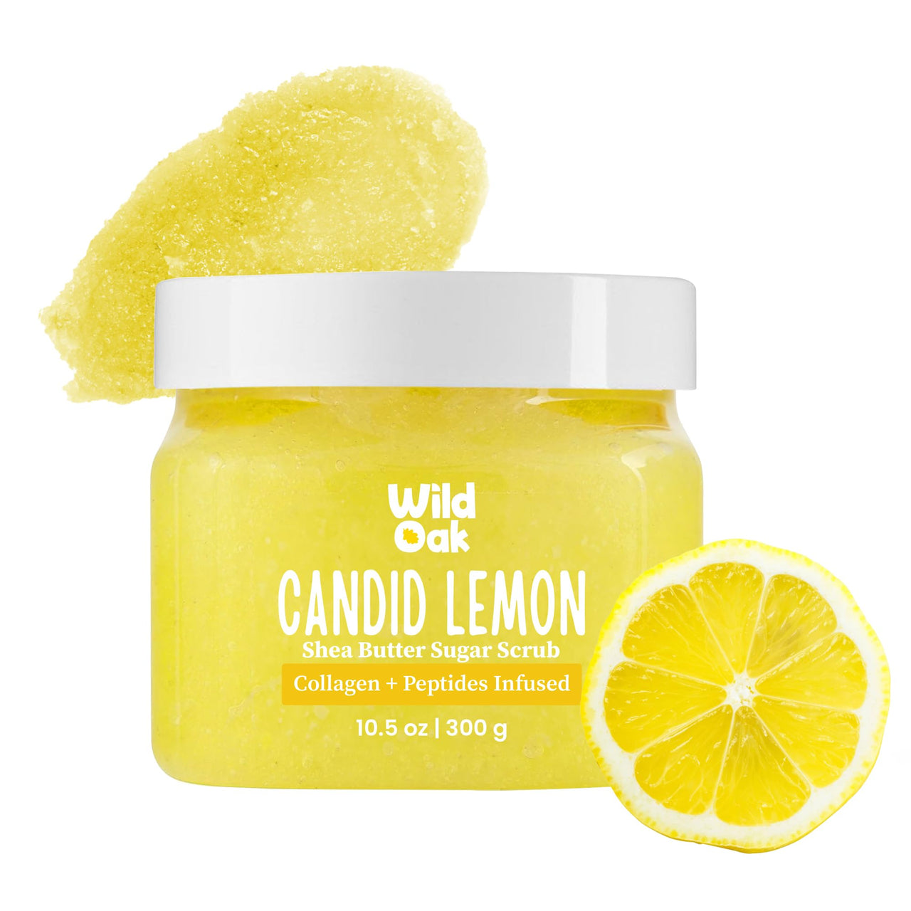 WildOak Candid Lemon Shea Butter Sugar Body Scrub | 300gm | With Collagen & Peptides | Tan Removal | Lightens Dark Area Like Neck & Elbows | Smoothen Bumpy Legs & Hands | Hydrating & Exfoliating Scrub