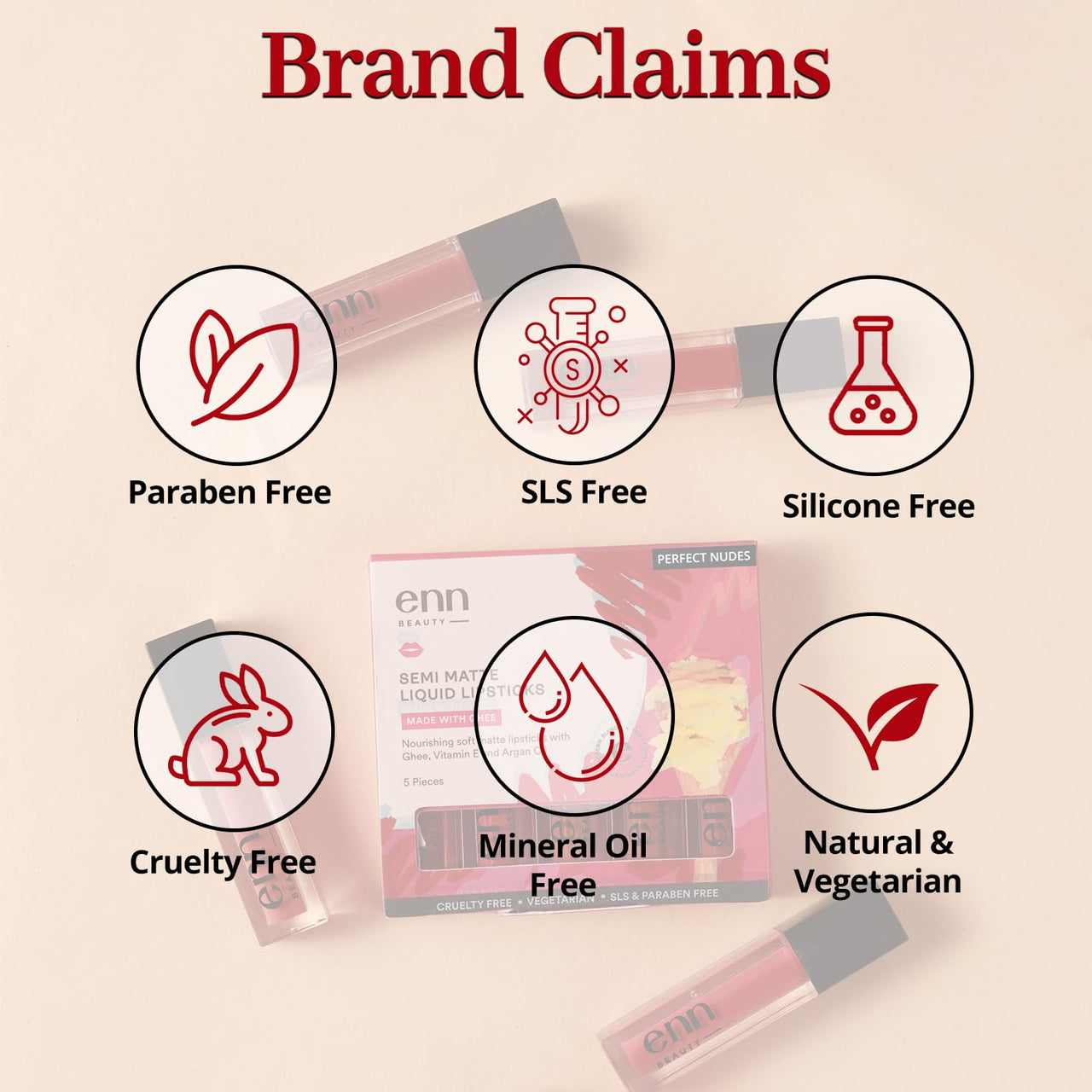 ENN Long Lasting Semi Matte Nourishing Soft Liquid Lipsticks Kit With 12 Hour Coverage | Transfer proof Highly Pigmented Godness of Natural Ingredients of Ghee | Vitamin-E | Argan Oil | Pack Of 5 Perfect Nudes