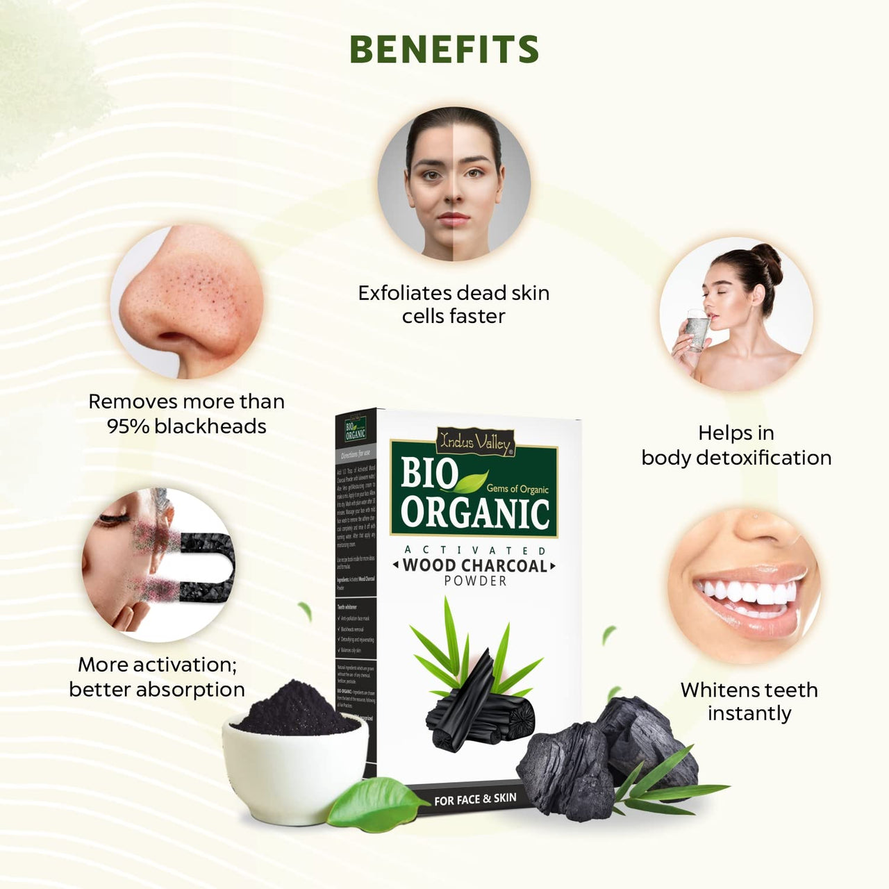 INDUS VALLEY 100% Natural Activated Charcoal Powder Ideal for Skin Removes Dead Skin, Impurities, Detoxifies Skin - (100g)