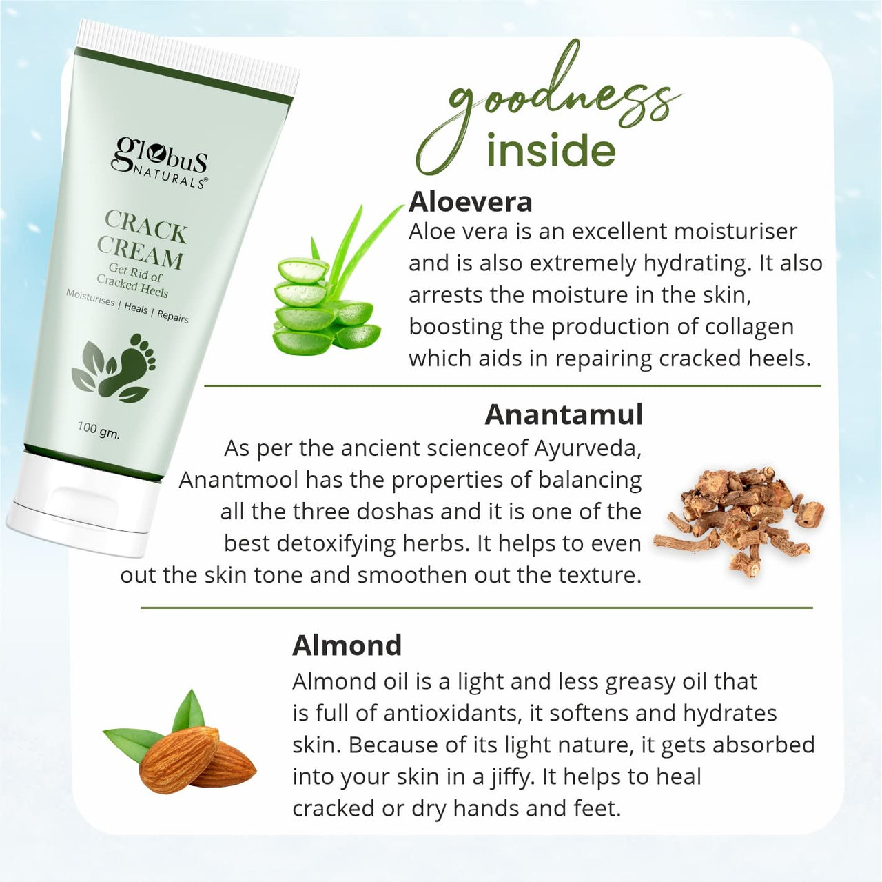 Globus Naturals Crack Cream for Dry Cracked Heels & Feet Enriched with Aloe Vera, Almond & Anantmool, Suitable For All Skin Types, 100g (pack of 5)