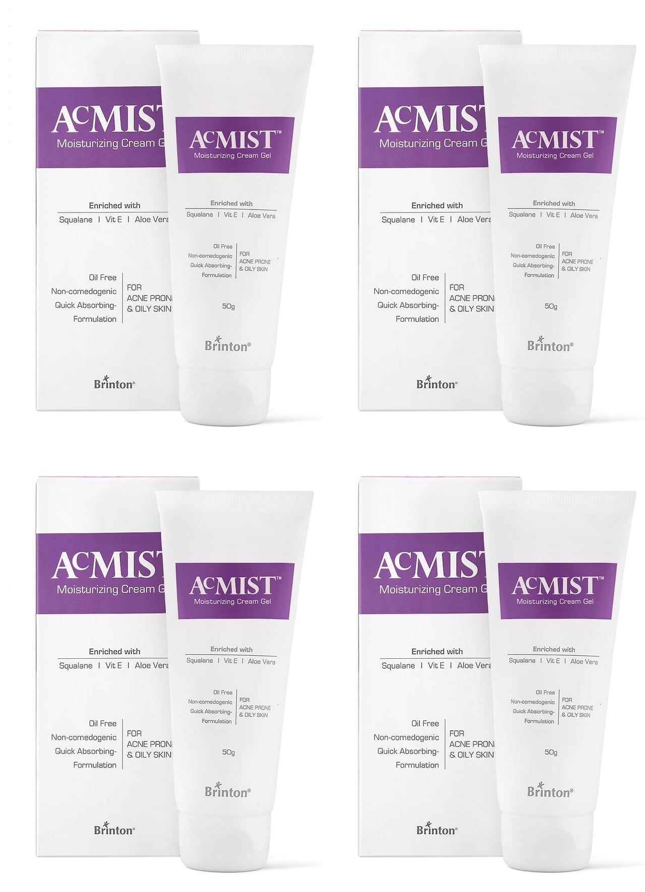 Brinton AcMist Vitamin E & Aloe Vera Based Moisturizing Cream Gel for Acne Prone and Oily Skin | Oil Free, Quick Absorbing & Lightweight | 50 g x Pack of 4