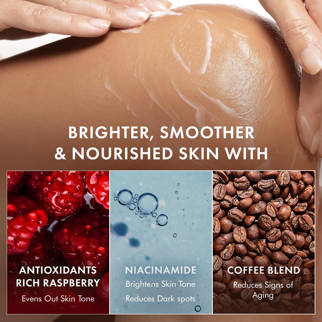 mCaffeine Brightening SPF 50 PA+++ Body Sunscreen Lotion | Instant Cooling, De-tan Body Lotion with Vitamin C Rich Raspberries & Niacinamide | Lightweight, Non-sticky Sun Protection - 200ml