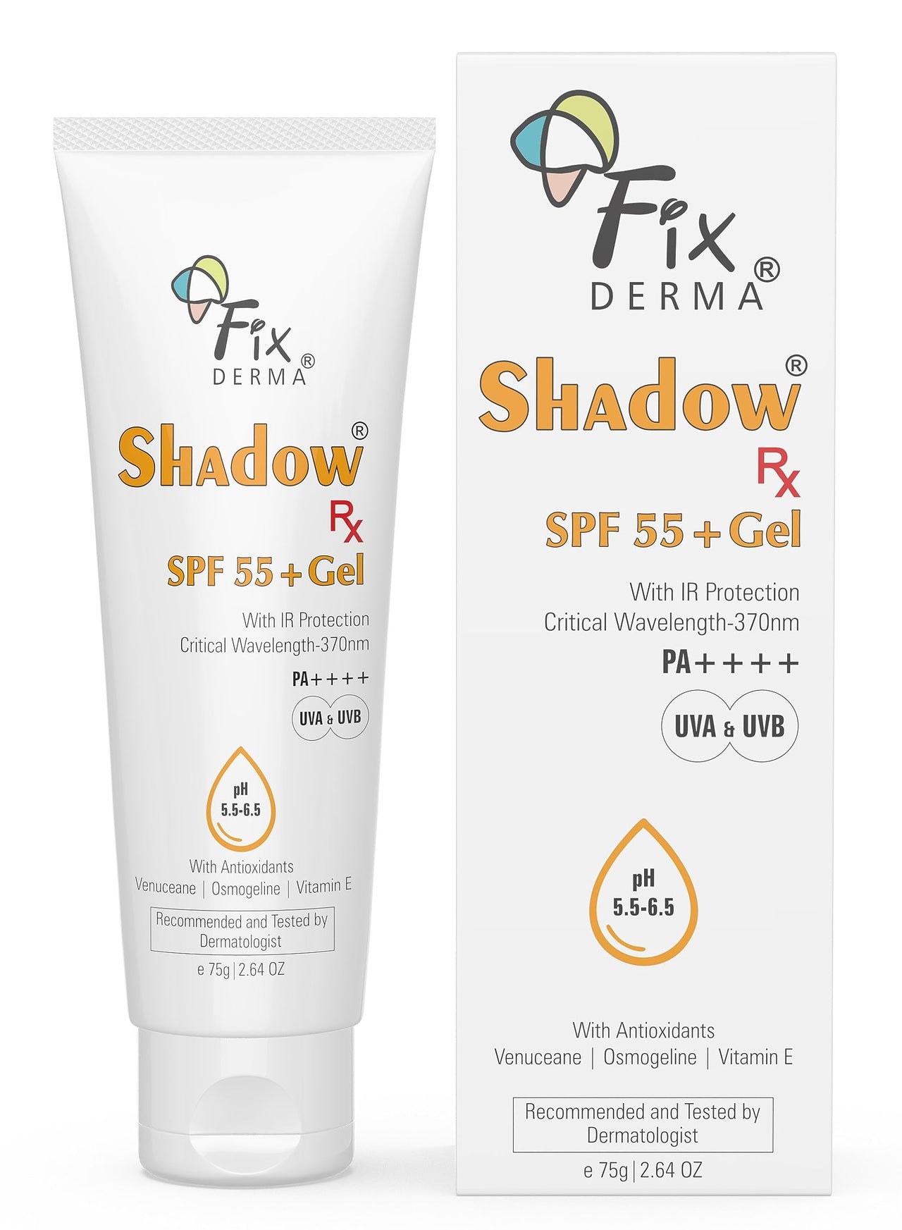 Fixderma Shadow RX Sunscreen SPF 55+ Gel PA+++ | Sunscreen for Oily Skin | Minimum Sunscreen SPF 50 | Sunscreen for Body & Face | Hybrid Sunscreen with UVA, UVB, IR Protection and Vitamin E - 75gm