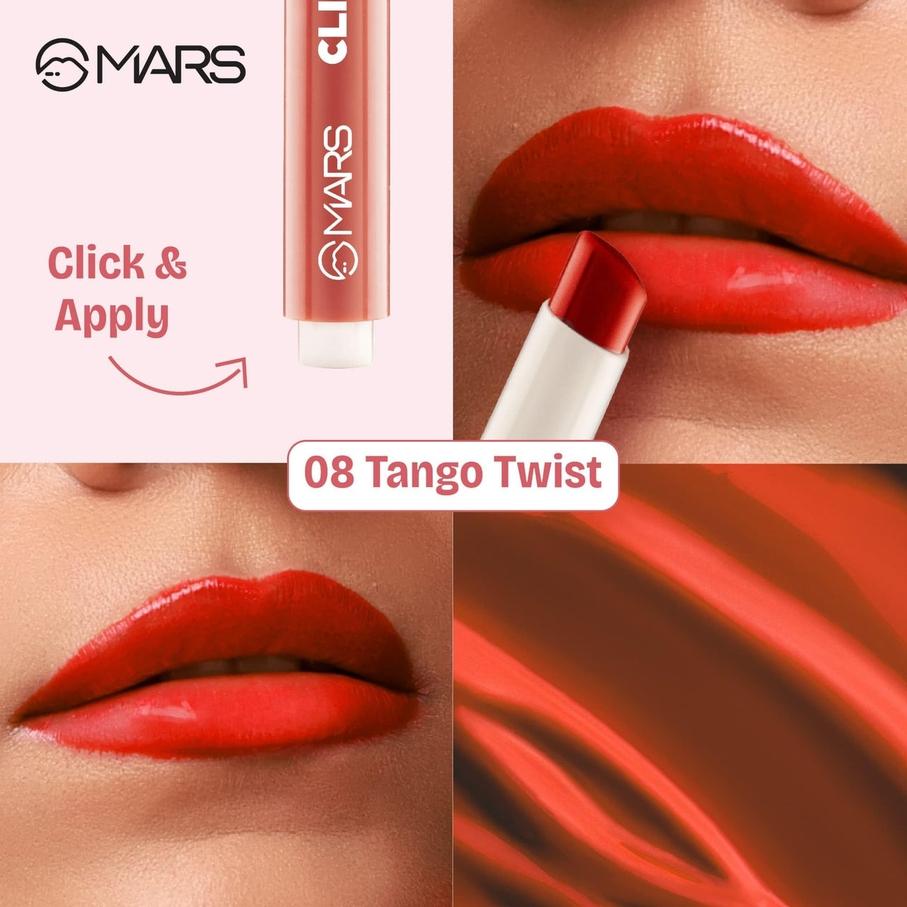 MARS Click Stix Gloss Lip Balm (2.0 gm) (08-TANGO TWIST) | High Pigmented | Ultra-Glossy Finish | Non-Sticky | Hydration | Enriched with Cocoa Butter