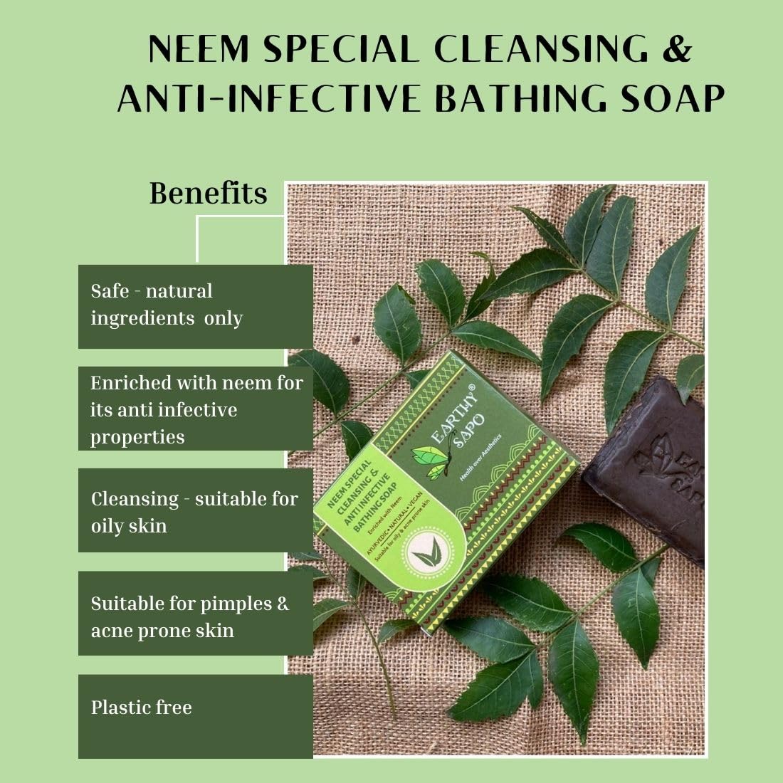 Earthy Sapo Handmade Neem Bathing Soap, 100g, Pack of 1 | Natural Cleansing Soap | Neem-Based Formula for Daily Use | For oily skin | Vegan, Eco-Friendly, Free from Chemicals