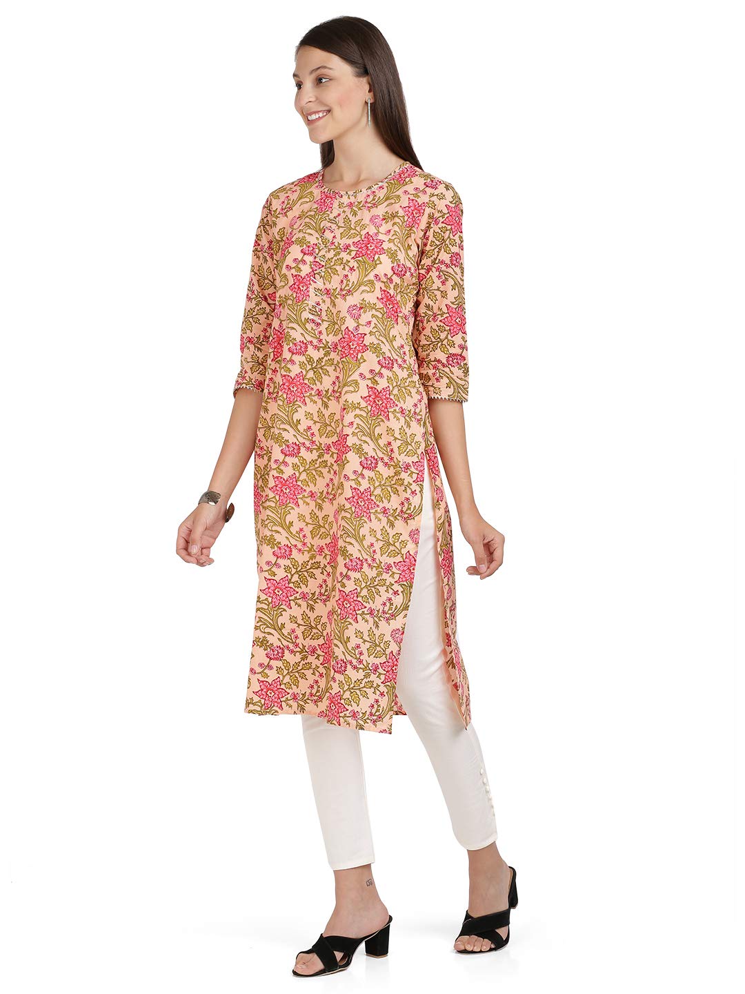Vbuyz Women's  Floral Print & Gota Patti Straight Cotton Kurti M